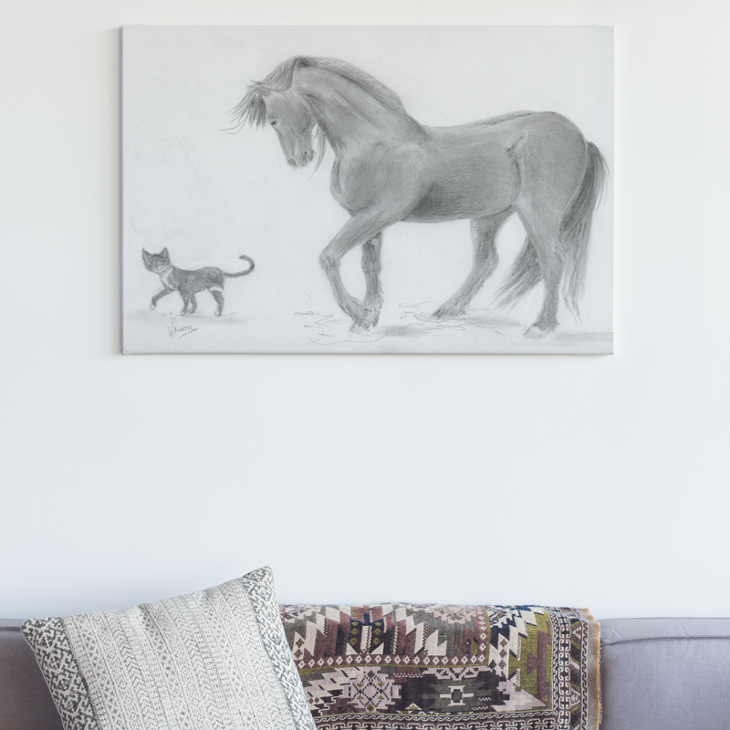 Gunilla Wachtel Art Pencil Drawing Print on canvas art Cat Horse equine Friesian Tuxedo Cat Friends artwork