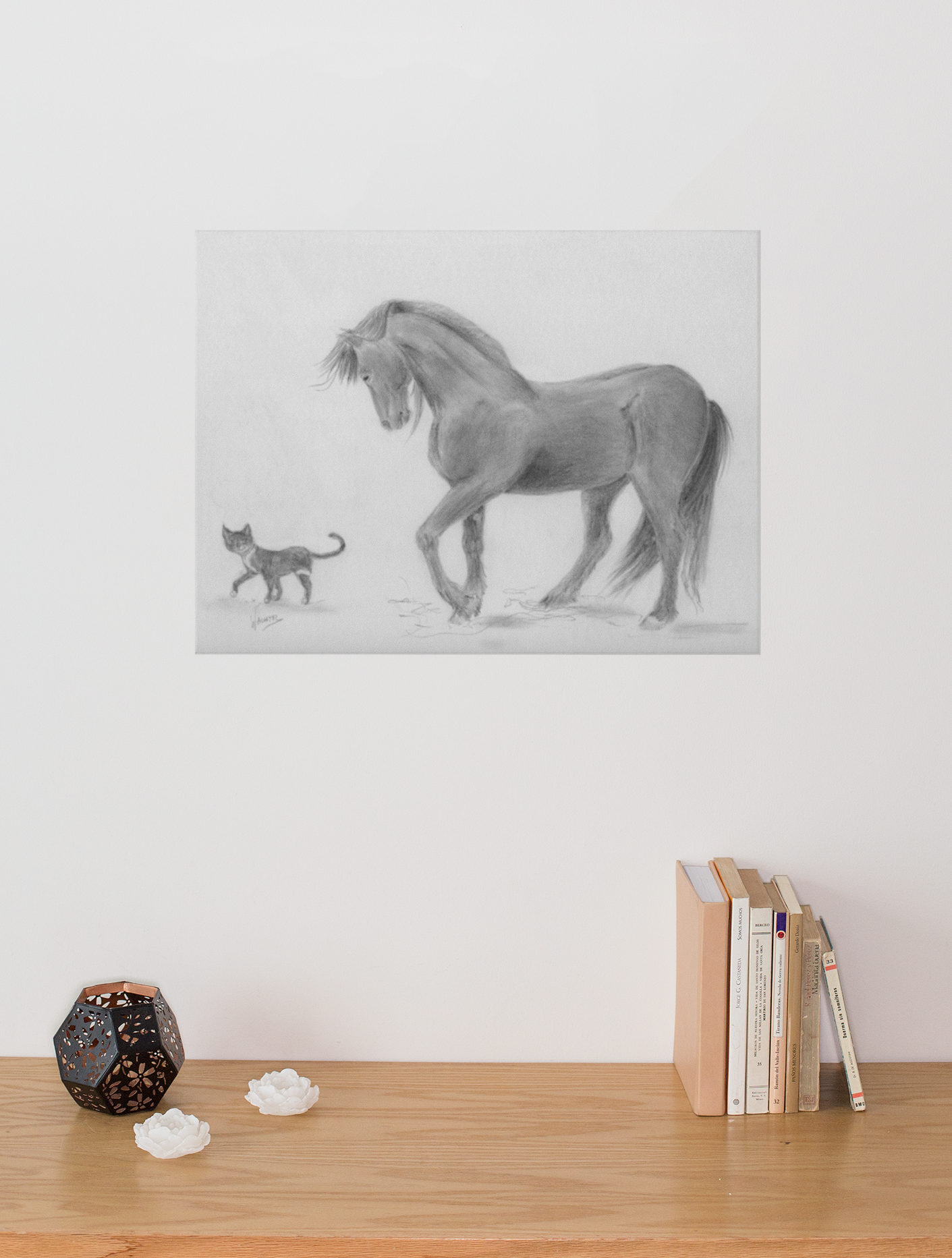 horse and cat pencil drawing print by Gunilla Wachtel