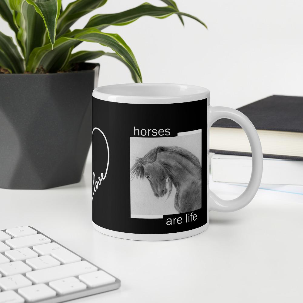 Horses are life mug black white pencil drawing art beverage