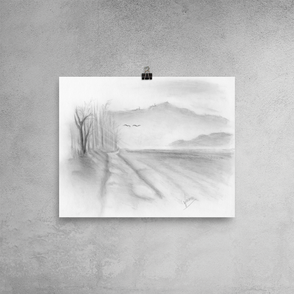 Misty Road landscape drawing Pencil art Gunilla Wachtel