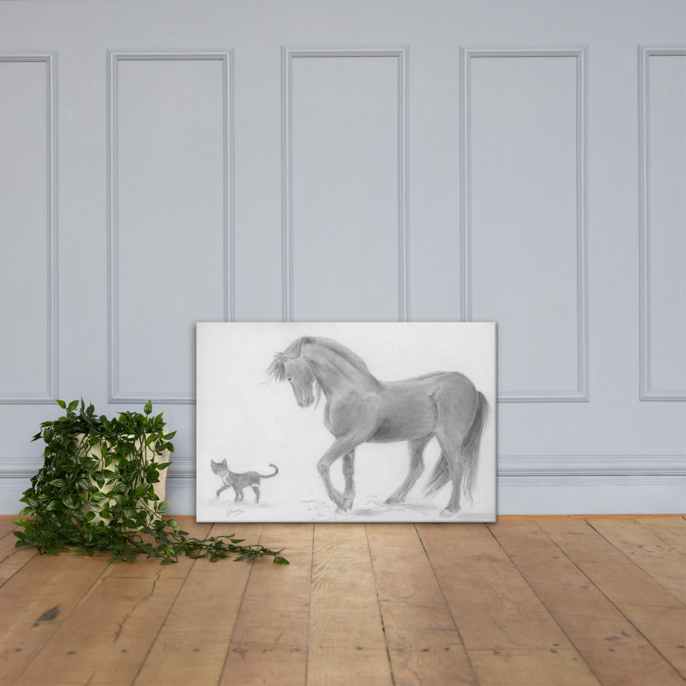 Horse Drawing Canvas Art Print Wall Decor - Friesian Horse and Cat Living room Decor