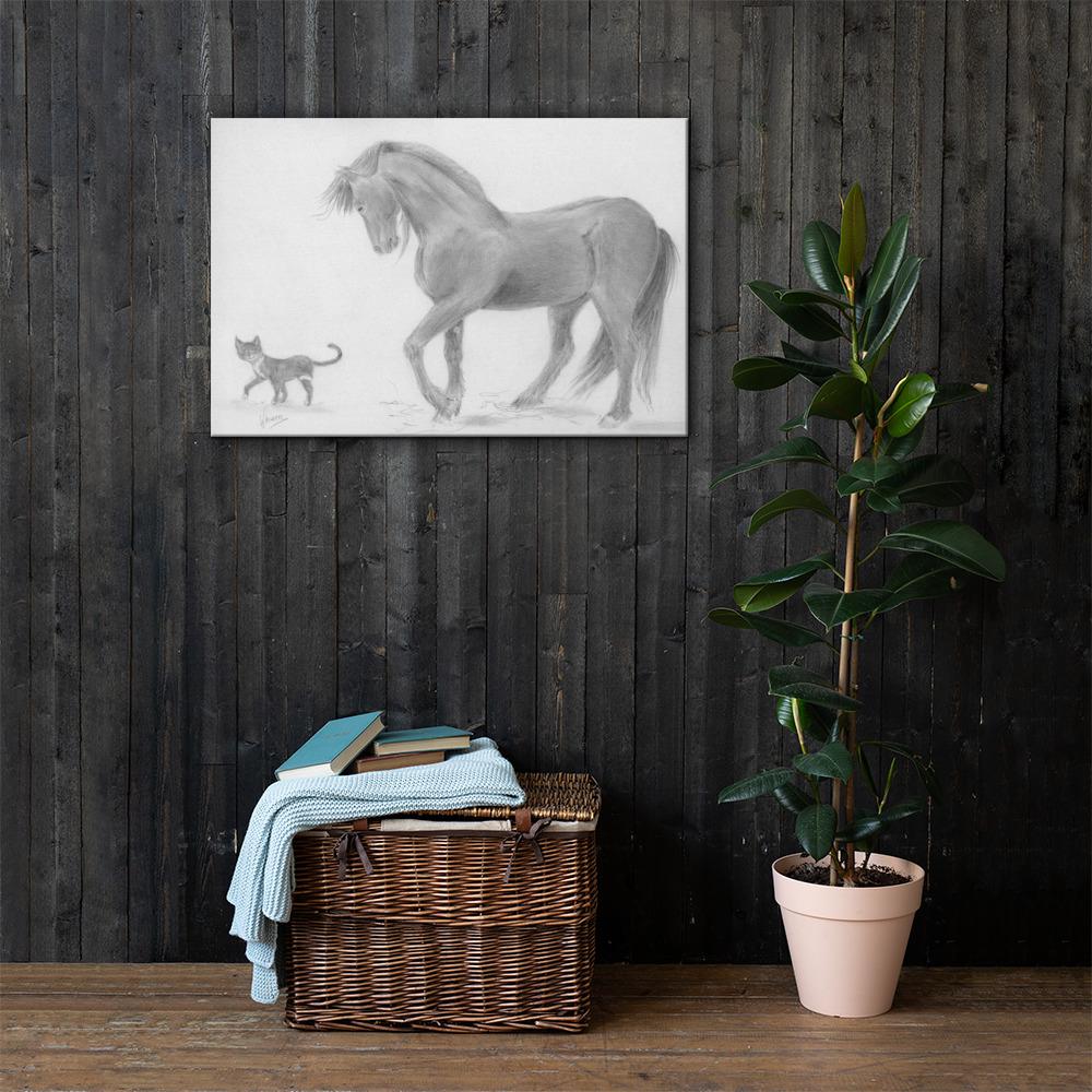 Horse Drawing Canvas Art Print Equine Wall Decor - Friesian Horse and Cat