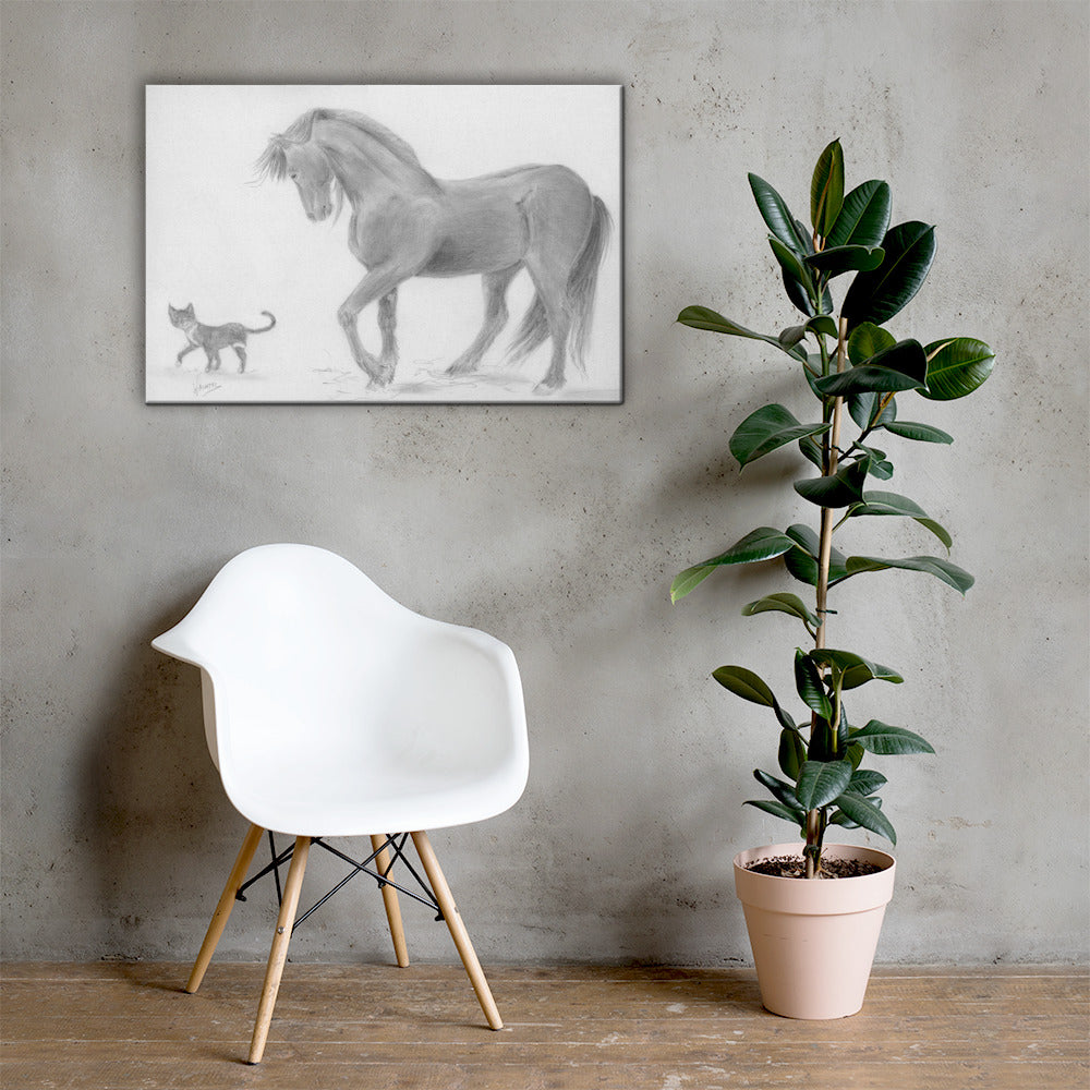 Horse Drawing Canvas Art Print Wall Decor - Friesian Horse and Cat Bedroom Decor