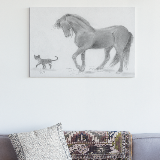 Friends horse and cat pencil drawing Friesian horse Tuxedo cat Gunilla Wachtel