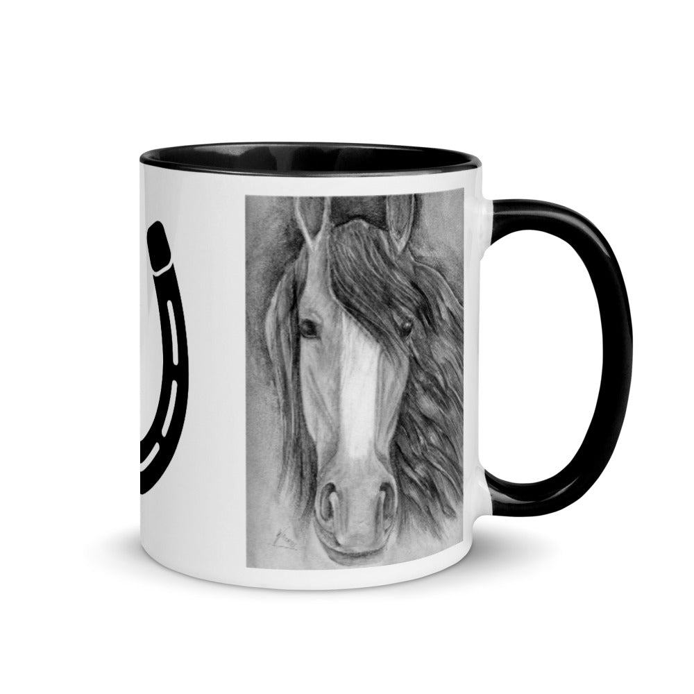 horse mug with print of horse head drawing on both sides and a horse shoe in the middle